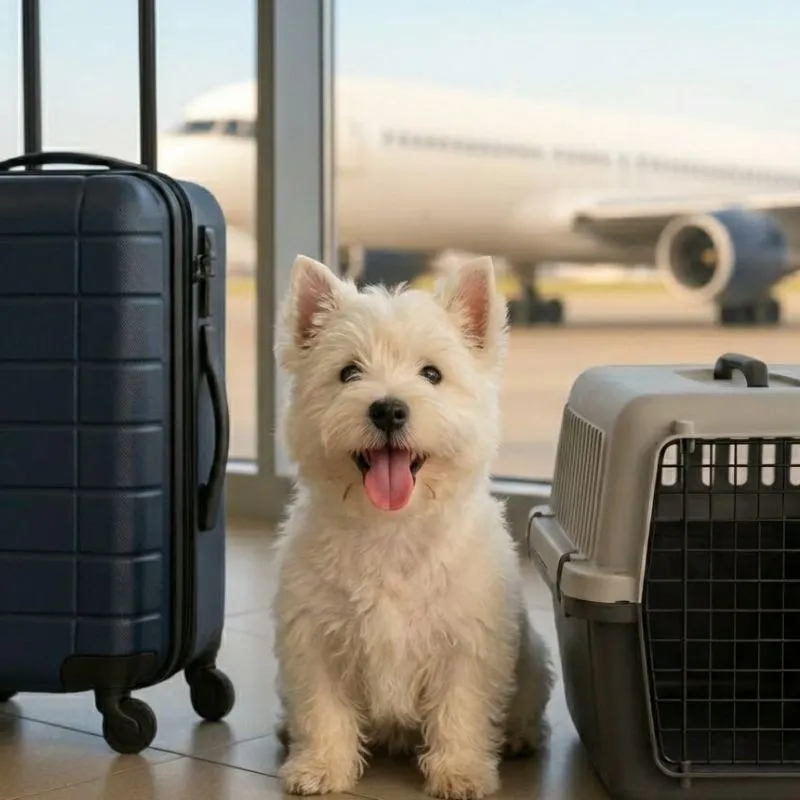 Perro Westie abordando un avión con su certificado de viaje emitido en Clinic Vet PDC, Playa del Carmen